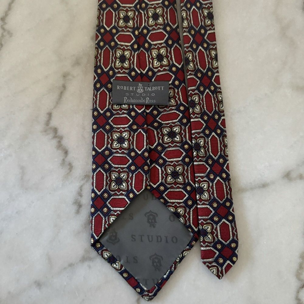 ROBERT TALBOTT‎ Silk Necktie Designer Red Paisley Geometric Handmade